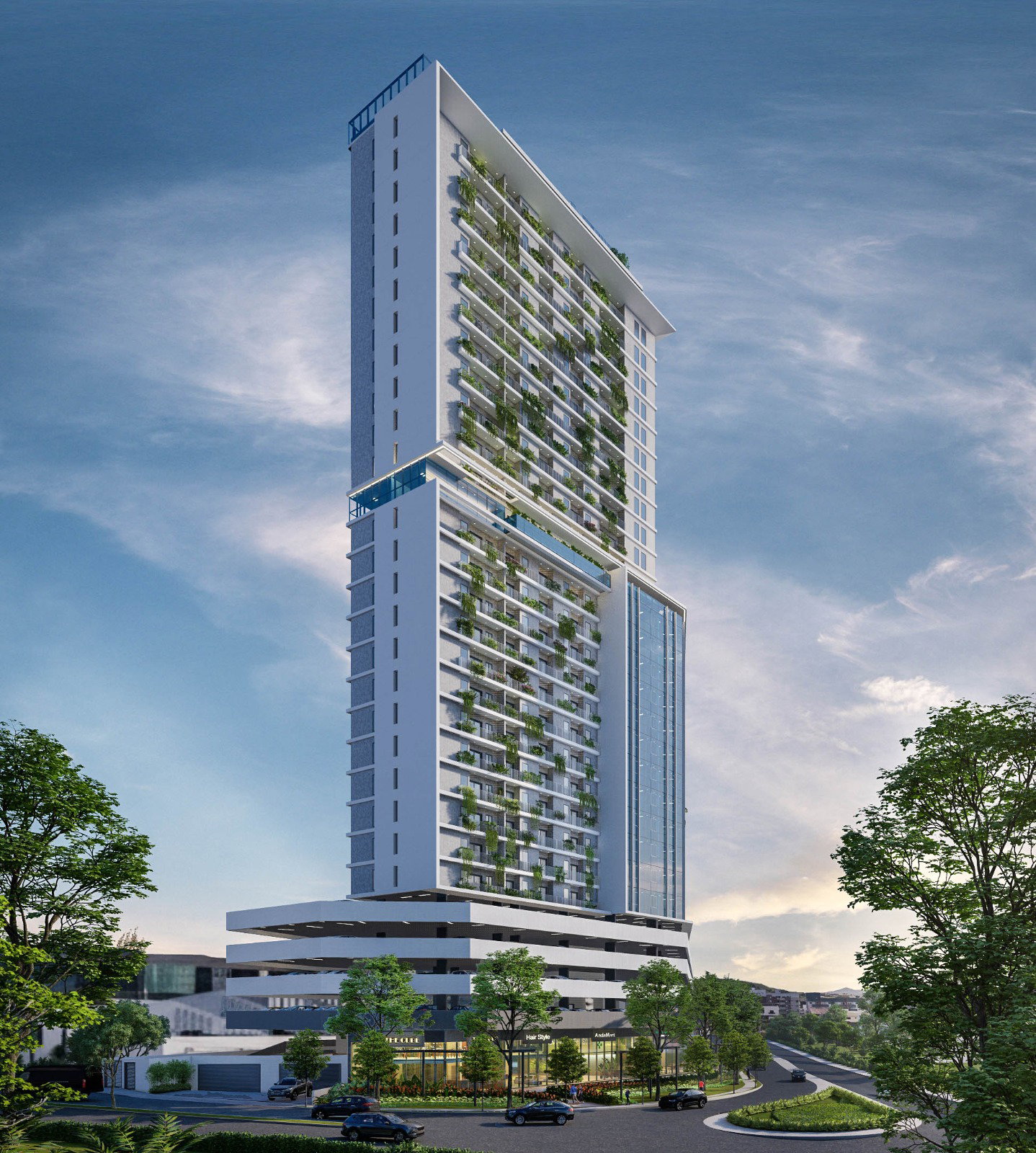 Vista lateral da torre residencial do WS Design